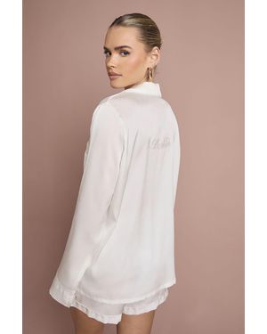 Boohoo Bridal 'Bride' Satin Embroidered Long Sleeve Shirt & Short Pyjama Set - White