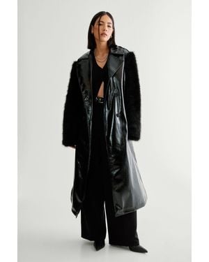 Nasty Gal Premium Vinyl Fur Trim Coat - Black