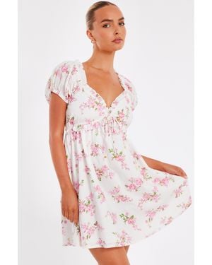 Quiz Floral Puff Sleeve Mini Dress - White