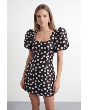 Warehouse Petite Polka Dot Puff Sleeve A-Line Mini Dress - Black