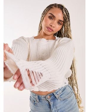 Pink Vanilla Distressed Cropped Knit Jumper - Natural