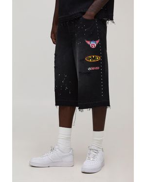 BoohooMAN Washed Moto Badge Longline Jorts - Black