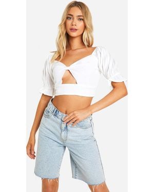 Boohoo Linen Look Puff Sleeve Crop Top - White