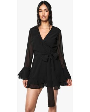 Boohoo Flare Sleeve Chiffon Wrap Mini Dress - Black