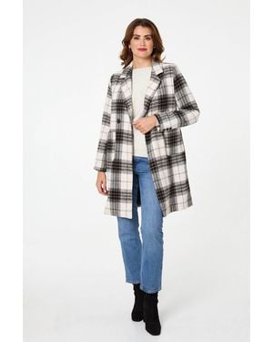 Izabel London Checked Double Breasted Longline Coat - Blue