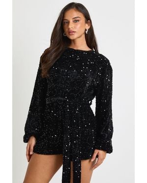 Boohoo Sequin Extreme Sleeve Belted Playsuit - Black