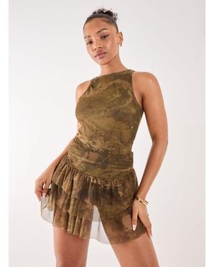Pink Vanilla Distressed Print Ruffle Playsuit - Green