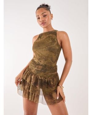 Pink Vanilla Distressed Print Ruffle Playsuit - Green