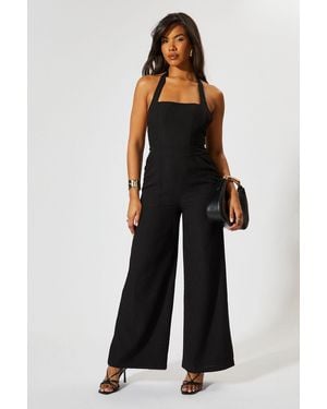 MissPap Linen Look Halter Neck Jumpsuit - Black
