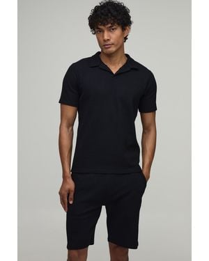 BoohooMAN Slim Fit Waffle Revere Polo & Short Set - Blue