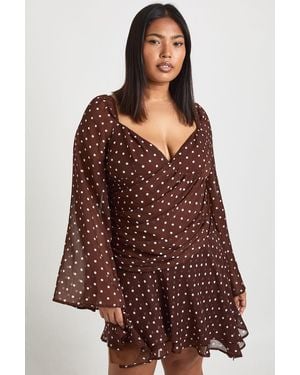 Boohoo Plus Polka Dot Chiffon Godet Skater - Brown