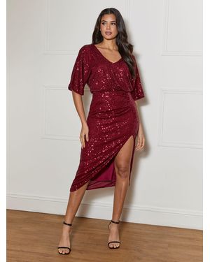 Chi Chi London V Neck Sequin Midi Dress - Red