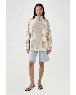 Boohoo Funnel Neck Cinched Waist Stripe Shirt - Natural