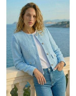 Roman Collarless Buttoned Boucle Jacket - Blue