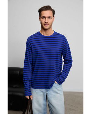 Grimelange Striped Ribbed Crew Neck T-Shirt - Blue