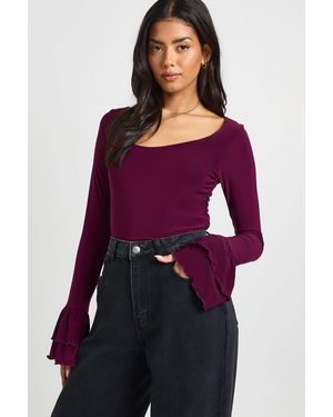 Boohoo Slinky Scoop Neck Long Bell Sleeve Top - Purple