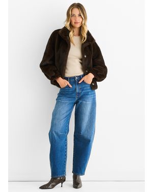 Gini London Coffee Funnel Neck Button Up Faux Fur Jacket - Blue