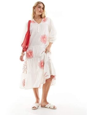 Accessorize Puff Sleeve Midi Beach Dress - White