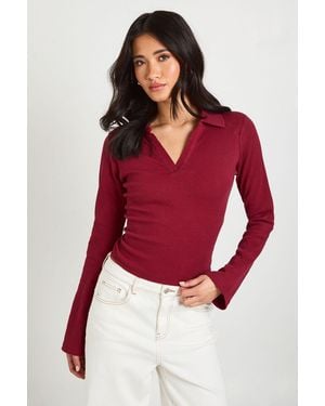 Boohoo Ribbed Open Collar Detail Top - Red