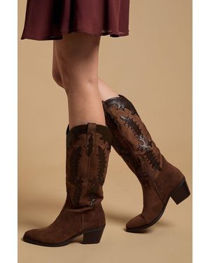 Oasis Jessie Faux Suede & Leather Western Cowboy Calf Boots - Black