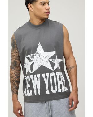 BoohooMAN Oversized Boxy New York Distressed Print Tank Cotton - Grey