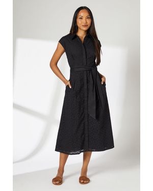 PRINCIPLES Broderie Tie Waist Midi Shirt Dress Cotton - Black