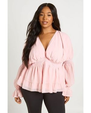 Boohoo Plus V Neck Blouson Sleeve Volume Smock Top - Pink