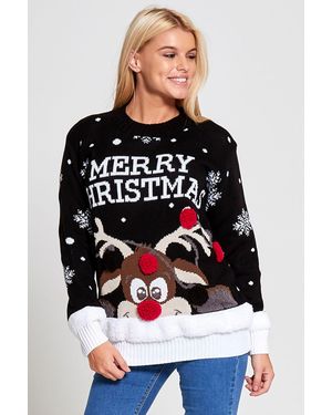 Femme Luxe Merry Christmas Reindeer Pom Pom Jumper - Black