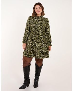 Blue Vanilla Curve Leopard Print Shirred Trapeze Mini Dress - Green