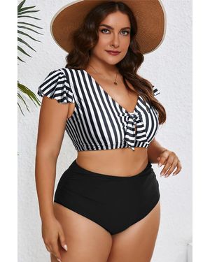 Azura Exchange Plus Size Striped Bikini Swimsuit - Black