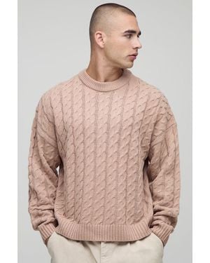 BoohooMAN Boxy Fit Cable Knitted Jumper - Natural