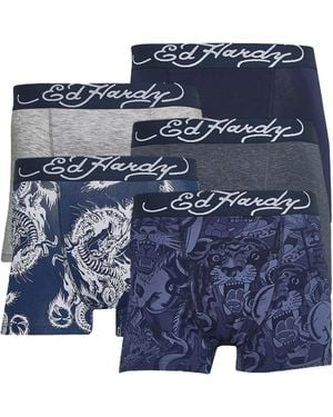 Ed Hardy 5 Pack Cotton Rich Stretch Boxers Elastic Waistband Underwear - Blue