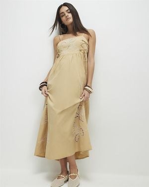 River Island Midi Dress Cotton Broderie Tie Side - Natural