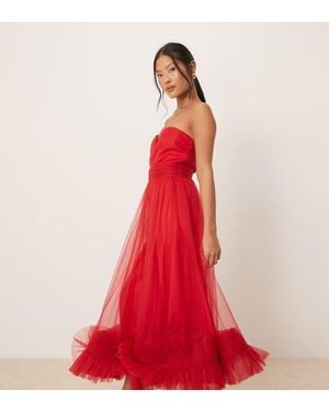 LACE & BEADS Corset Tulle Ruffle Hem Midaxi Dress - Red