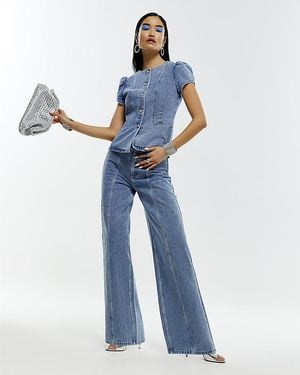 River Island Wide Leg Jeans Washed Bling Button Cotton - Blue
