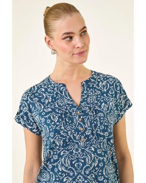 Roman Abstract Print Pleat Front Top - Blue