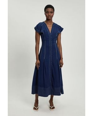 Karen Millen Contrast Topstitch Seam Detail Midi Dress - Blue