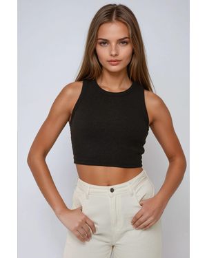 Hiccup Crew Neck Ribbed Knit Sleeveless Crop Top - Black