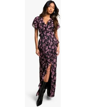 Boohoo Floral V Neck Split Maxi Dress - Red