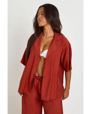 Boohoo Linen Look Short Sleeve Beach Shirt - Red