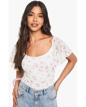 Boohoo Floral Ditsy Printed Mesh Bodysuit - White
