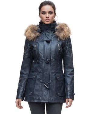 Infinity Leather Lamb Quilted Parka Fur Hood Jacket- Duchess - Blue