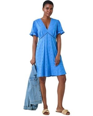 Roman Embroidered Cotton Stretch Jersey Frill Dress - Blue