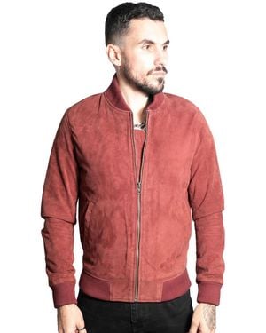 Infinity Leather Retro Goat Suede Varsity Bomber Jacket-Athens - Red