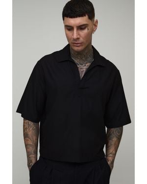 BoohooMAN Tall Linen Blend Boxy Revere Neck Polo - Black