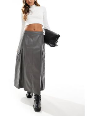 ASOS Faux Leather Pocket Detail Pleated Midi Skirt - Grey