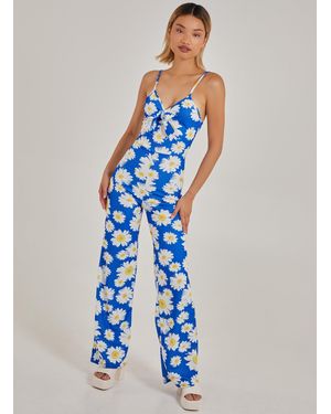 Pink Vanilla Ditsy Print Tie Jumpsuit - Blue