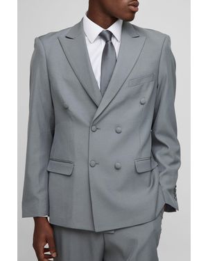BoohooMAN Oversized Double Breasted Exaggerated Collar Satin Blazer - Grey