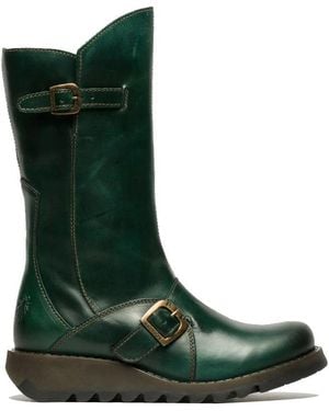 Fly London Mes 2 Wedge Heel Buckle Mid-Calf Leather Zip Platform Boots - Green