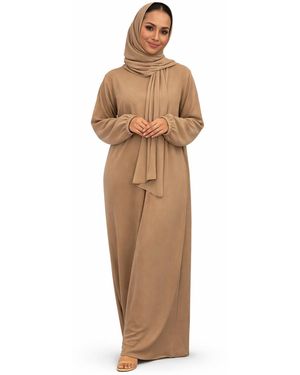 VR2 Denim Ladies Abaya With Scarf Attached Comfortable Modest Dress - Natural